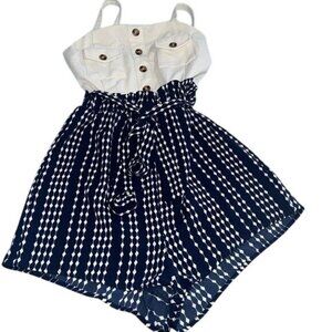 J For Justine Womens White & Navy Sleeveless Belted Romper With Button Details S